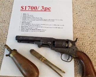 Colt 1851 pocket revolver, stage coach scene on cylinder. 31 calibur.         Powder flask, M. Marsh Sheffield 1854 era.       Bullet mold, colt 1854 marked colt Patten.  This is a 3 piece set. $1700.00