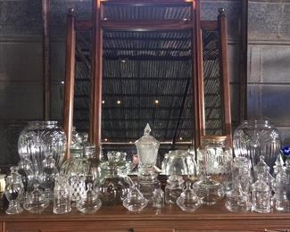 Pressed Glass, Oil Cruets, drinking glasses, condiment servers,  Large Vases, and more.