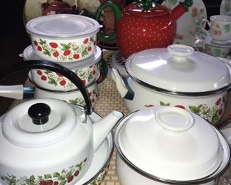 Cooking and Serving Strawberry Dinnerware. Strawberry Enamel Teapot.