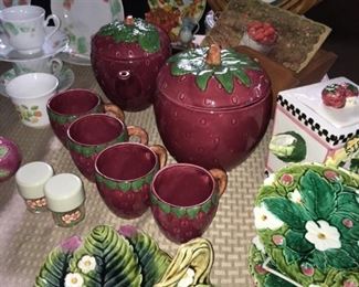 Vintage 2 pc. Strawberry Canister set, 4 pc Strawberry Cups,  & Vintage Majolica Strawberry Plates.  