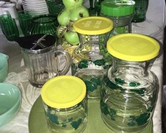 Vintage Syrup Jar, Water Jars, Lazy Susan & Jadeite on the left.