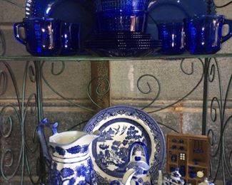 Cobalt Pressed Glass, Blue Asian Depicture, Tea Pots, one Tea Set, Milk Pitcher, Creamer/Bowl.