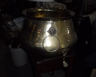 Footed Large Brass container with Lion Head Handles