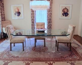 Six Upholstered Brass John Stuart Dining Chairs, Lucite and Glass Dining Table