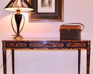 Maitland Smith Faux Tortoise Desk (Losses), Chapman Lamp, Louis Vuitton Make up Case, Chagall "Lovers in Gray" signed and numbered