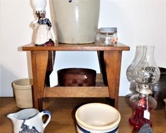 Wooden Milking Stool, 3 gallon crock, Jim Shore "Mammy" from Gone With the Wind, Kerosene lamp, Antique Sad Iron, Marshall Texas Pitcher with Horse