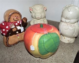 Vintage Cookie Jars including 1940's Hull Apple Cookie Jar, American Bisque Lamb Cookie Jar, 