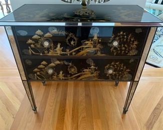 28. Lacquered 2 Drawer Accent Table w/ Mirror Detail (32" x 16" x 31")