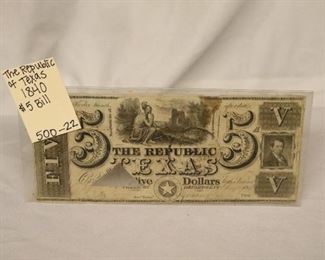 The Republic of Texas 1840 $5.00 bill