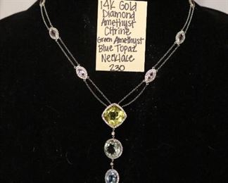 14k gold, diamond, amethyst, citrine, blue topaz necklace