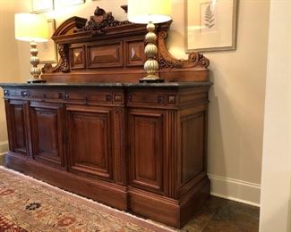 Louis Philippe walnut buffet, 19th century, hand carved, marble top, four shallow drawers over four doors, 96" wide by 72" high by 25" deep, originally purchased from "The Antique Collection" in Baton Rouge