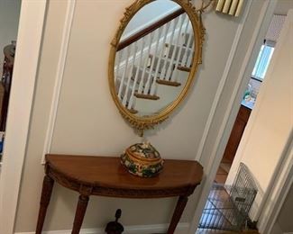 carved walnut table / painted wood mirror 