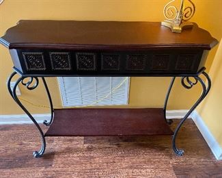 Console table with metal base and apron, wood top