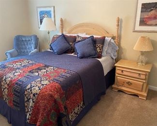 Pickled pine queen bed, 1 nightstand and dresser