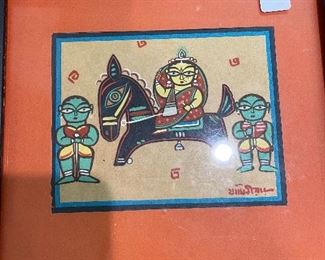 pair of gouche/gouache framed printed cards by Jamini Roy