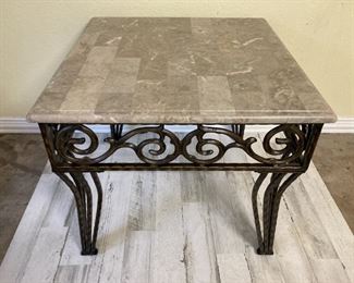 Wrought Iron Scroll End Table with Faux Marble Top