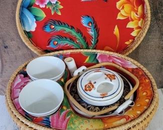Chinese Tea for Two in Wicker Carrying Basket