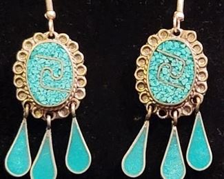Turquoise & 925 Mexico Silver Dangle Earrings