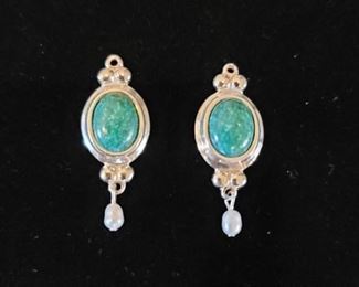 925 Sterling Earrings Blue Apatite, Cultured Pearl