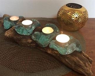 Impossible to find triple tealight holders out of molten glass on driftwood teak bases at 70% off