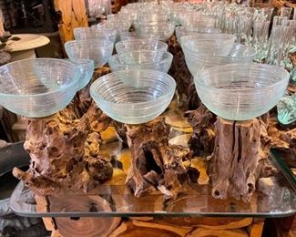 Hand blown striped glass bowls over driftwood teak bases