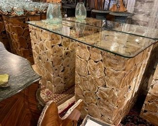 Teak slice console table with glass top (several are available)