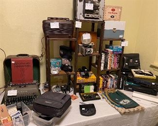 Vintage cameras, radio, typewriter, 8mm projector
