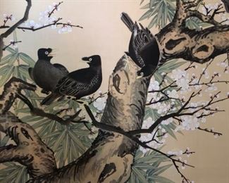Asian Silk Scroll Signed and Stamped, Blackbirds