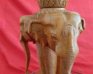 Vintage Double Headed Elephant Wood Carved Lamp