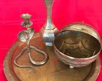 Antique Brass Platter, Cobra, Candlestick Container