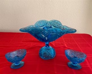 Vintage 1950s Kemple Glass Toltec Blue Compote Fruit Bowl Other Pieces Mid Century