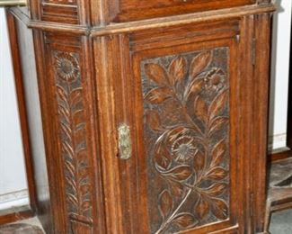 Carved Oak Hall Tree Cabinet w/Drawer & Door