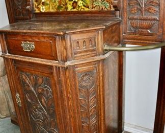 Carved Oak Hall Tree Cabinet w/Drawer & Door