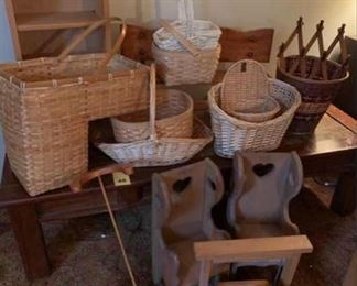 Wood decor, country decor, baskets, doll stands