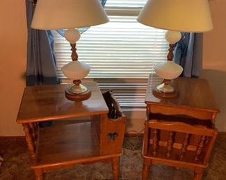 Mid century end tables, Hobnail and wood lights