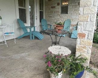 Adirondack chairs & ottomans, antique iron bench, 3 outdoor tables & chai sets