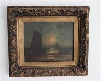 Vintage Nautical Sail Ship Painting Signed by Artist in An Ornate Gilded Frame