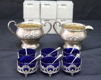 Vintage Salt Cellars with Blue Glass and Miniature Serving Spoons- Albo 835 Etched Silver