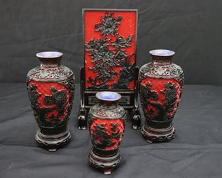 Vintage Asian Style Enameled Cinnabar Vases and Small Screen Panel with Stand.