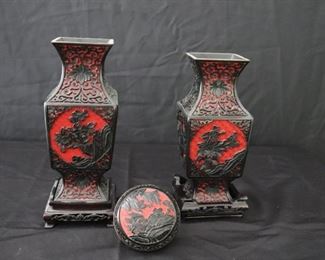 Vintage Asian Style Cinnabar Vases with Dark Lacquered Wood and Carved Floral Detailing.