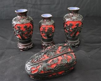 Asian Style Cinnabar Vases with Blue Enamel