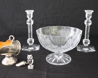 Val St Lambert Crystal Candlesticks, Pedestal Bowl, Wine Bottle Holder, Ice Scoop and Miniature Owl