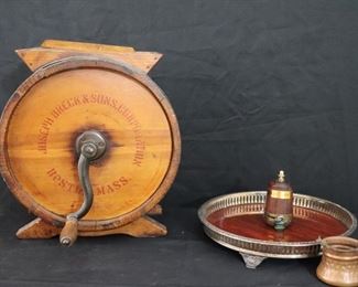 Vintage Joseph Breck & Sons Butter Churn, Lacquered Wood Tray, and Mini Hammered Copper Cauldron