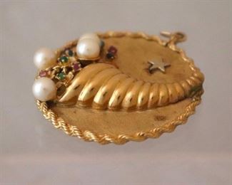 3. 14K YG Cornucopia Horn Medallion With Braided Edge - 4 Pearls & Semi Precious Accent Stones
