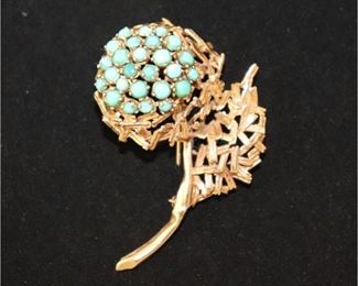 14K YG Flower & Leaf Pin With Turquoise Style Accent Stones