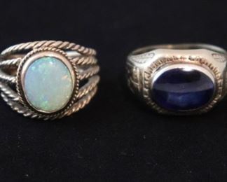 14K YG Pair Of Rings Blue Sapphire Center Stone Size 8.5, Opal Style Center Stone & Open Band Size 6