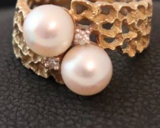 18K YG Pearl & Diamond Accented Cocktail Ring Size 7 Open Design Band