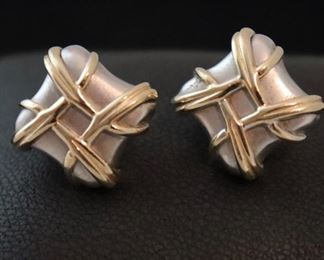 14K WG/YG Pair Of Hashdag Earrings With Post & Clip Backs