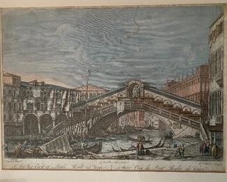 Henry Fletcher -Another View of Ponte Rialto at Venice etching with coloring.