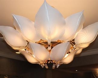Mid Century Modern Glass Lily Leaf Chandelier with Lacquered Brass Frame
